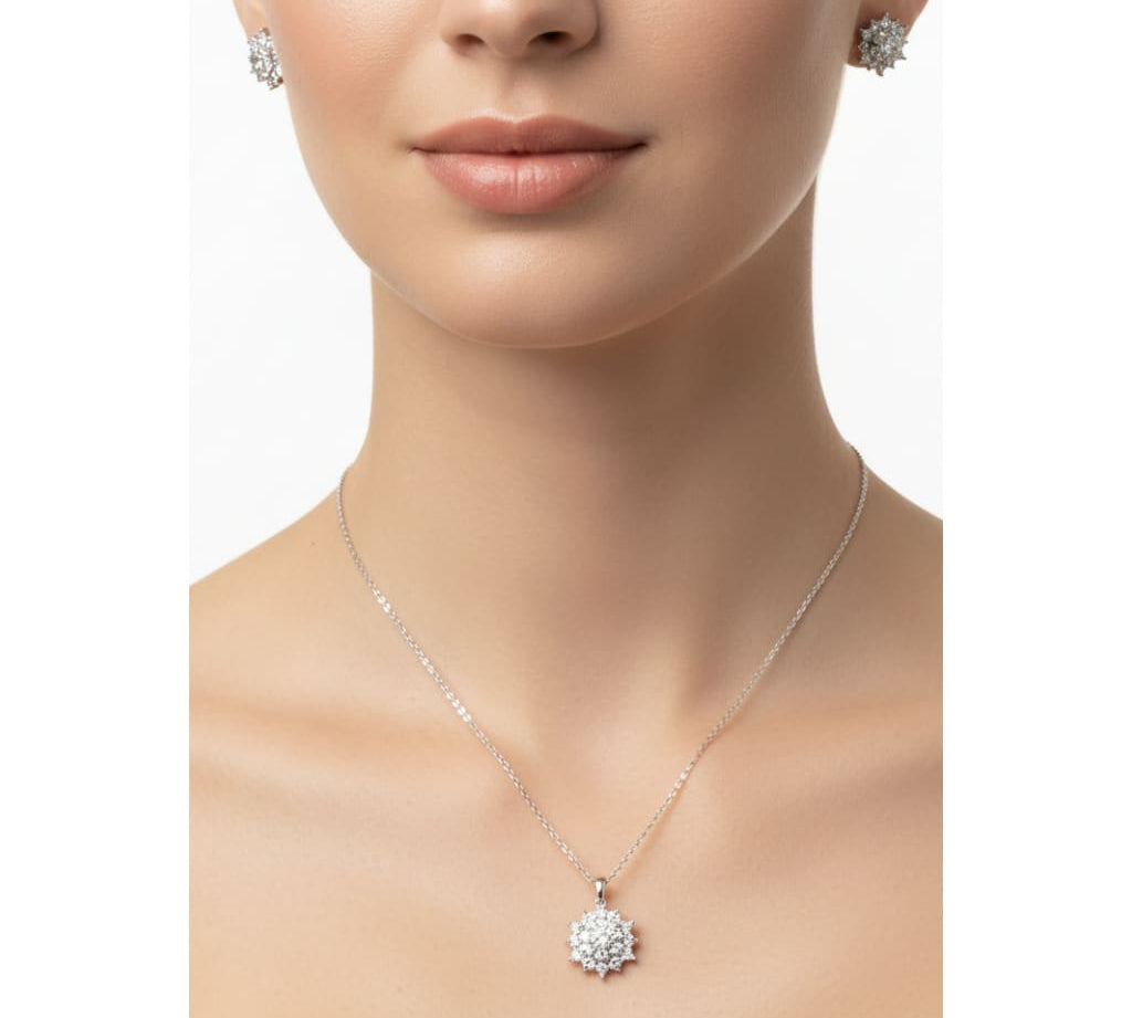 925 Sterling Silver Sunburst CZ Pendant and Earrings Set