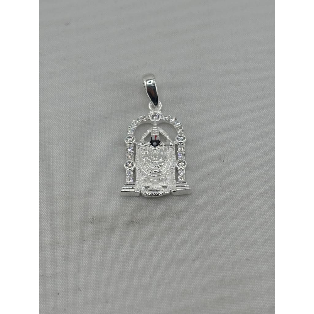 Original front view of a silver-tone Tirupati Balaji pendant with an arched stone-set temple frame