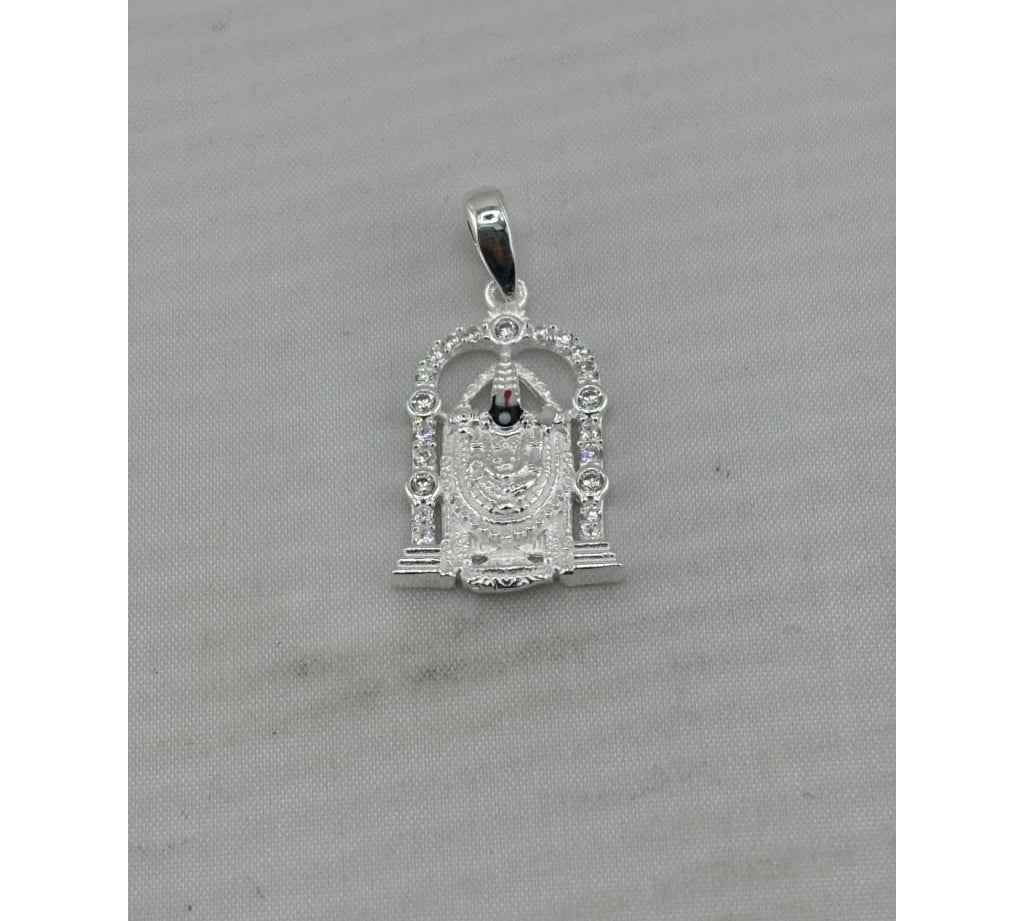 Original front view of a silver-tone Tirupati Balaji pendant with an arched stone-set temple frame