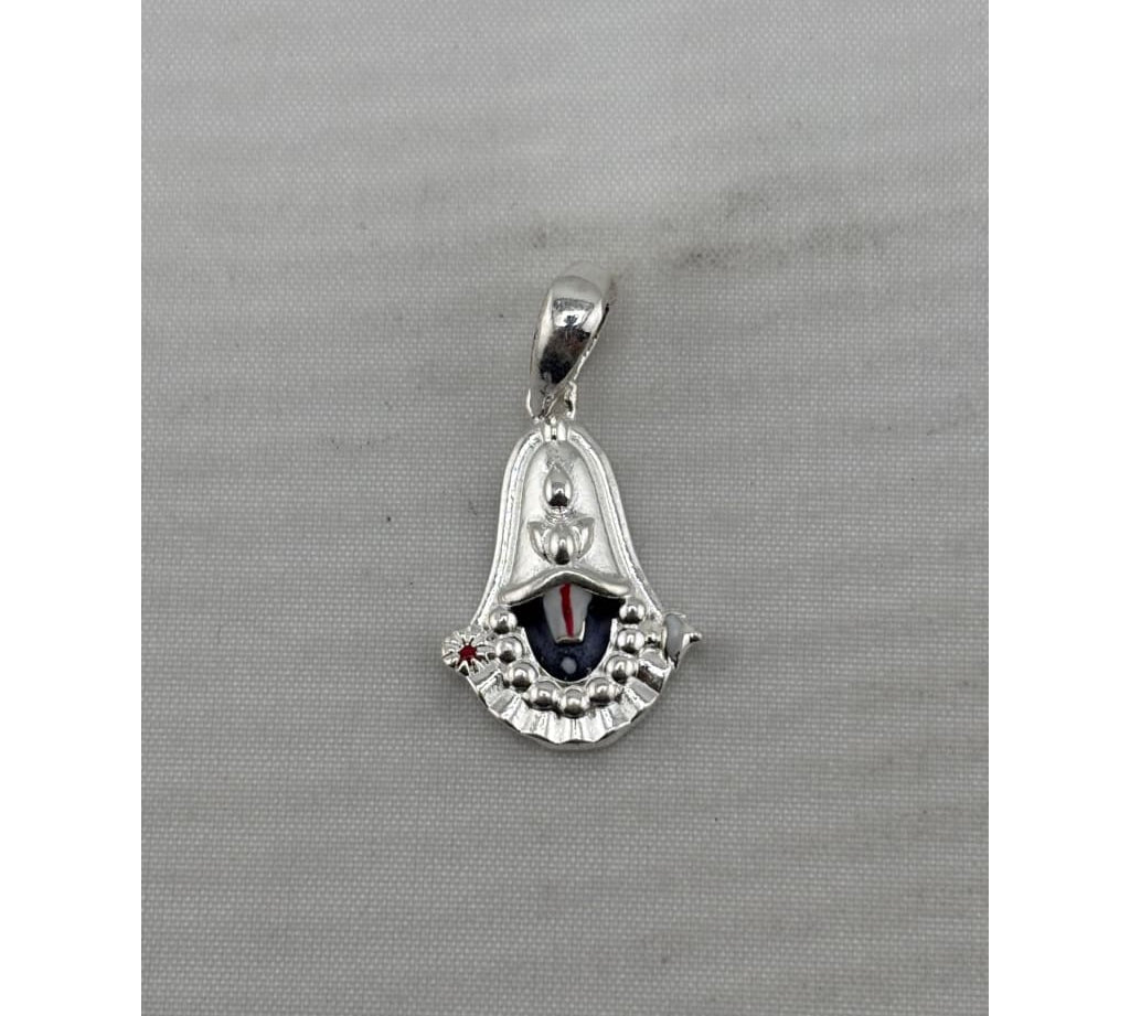 Original front view of a silver-tone Tirupati Balaji face pendant with black, white, and red details