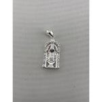 Front view of a silver-tone Tirupati Balaji temple pendant with clear stone accents