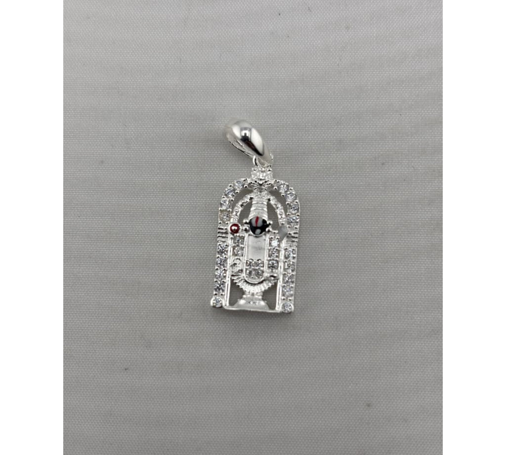 Front view of a silver-tone Tirupati Balaji temple pendant with clear stone accents