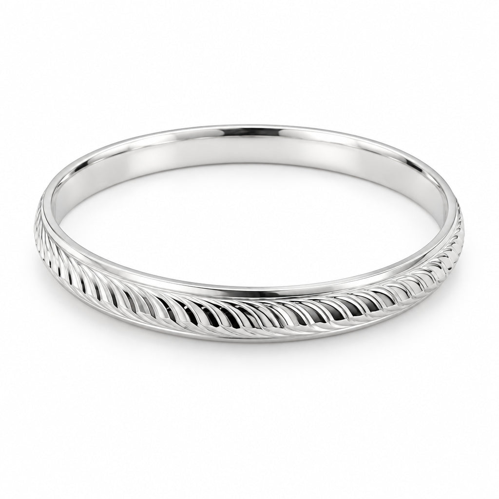 925 Silver Wheat Leaf Etched Bangle/Kada (Thick Band)
