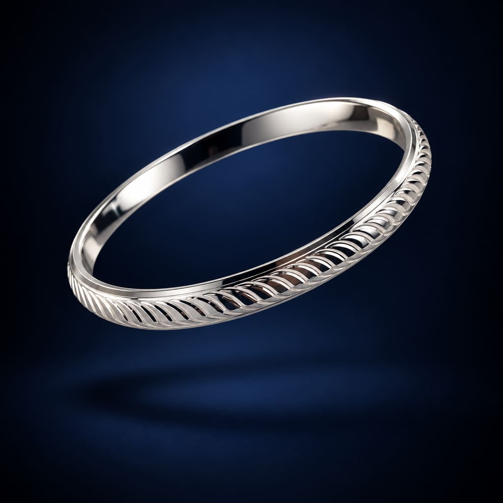 925 Silver Wheat Leaf Etched Bangle/Kada (Thick Band) – view 5