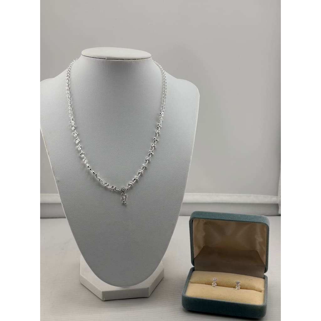 925 Sterling Silver White CZ Floral Necklace and Earrings