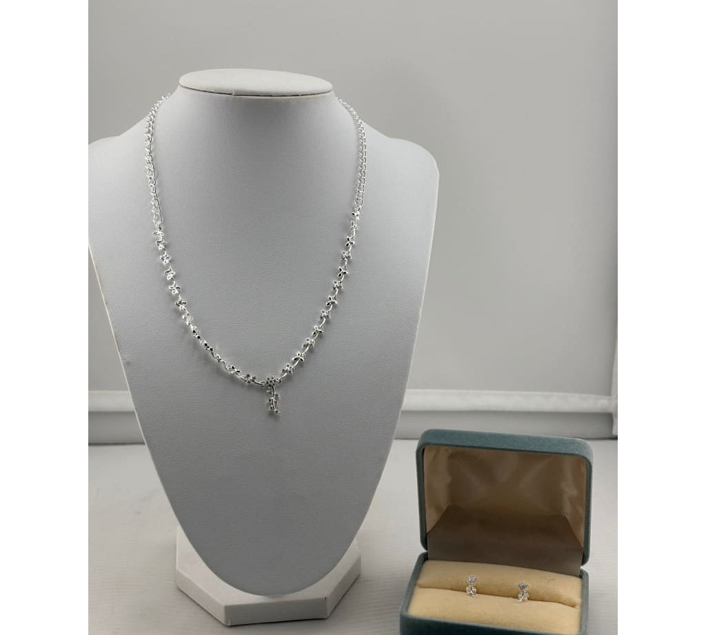925 Sterling Silver White CZ Floral Necklace and Earrings