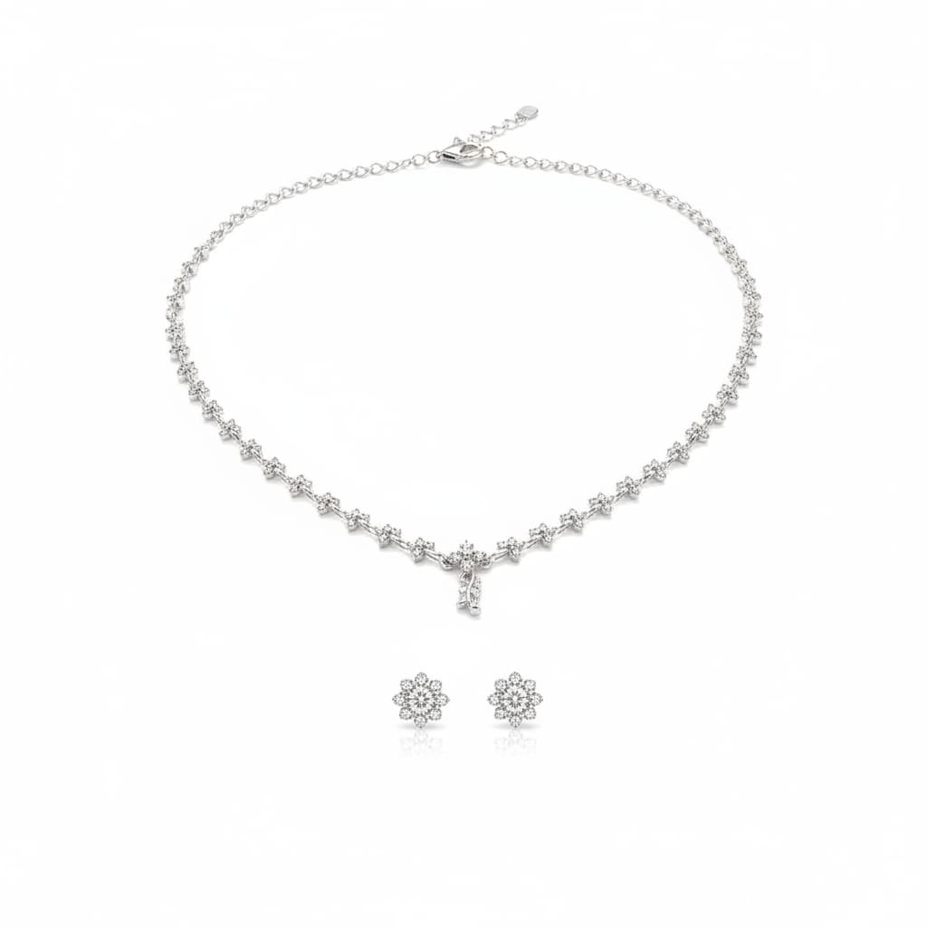 925 Sterling Silver White CZ Floral Necklace and Earrings