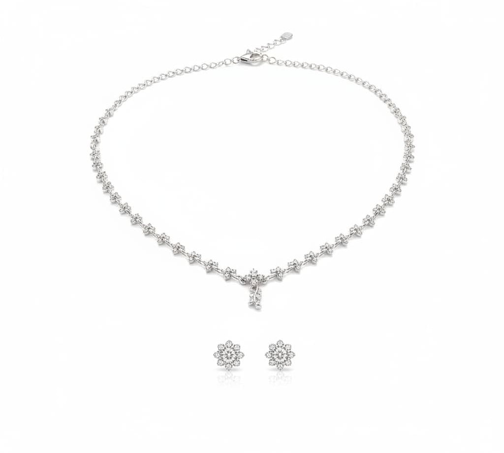 925 Sterling Silver White CZ Floral Necklace and Earrings