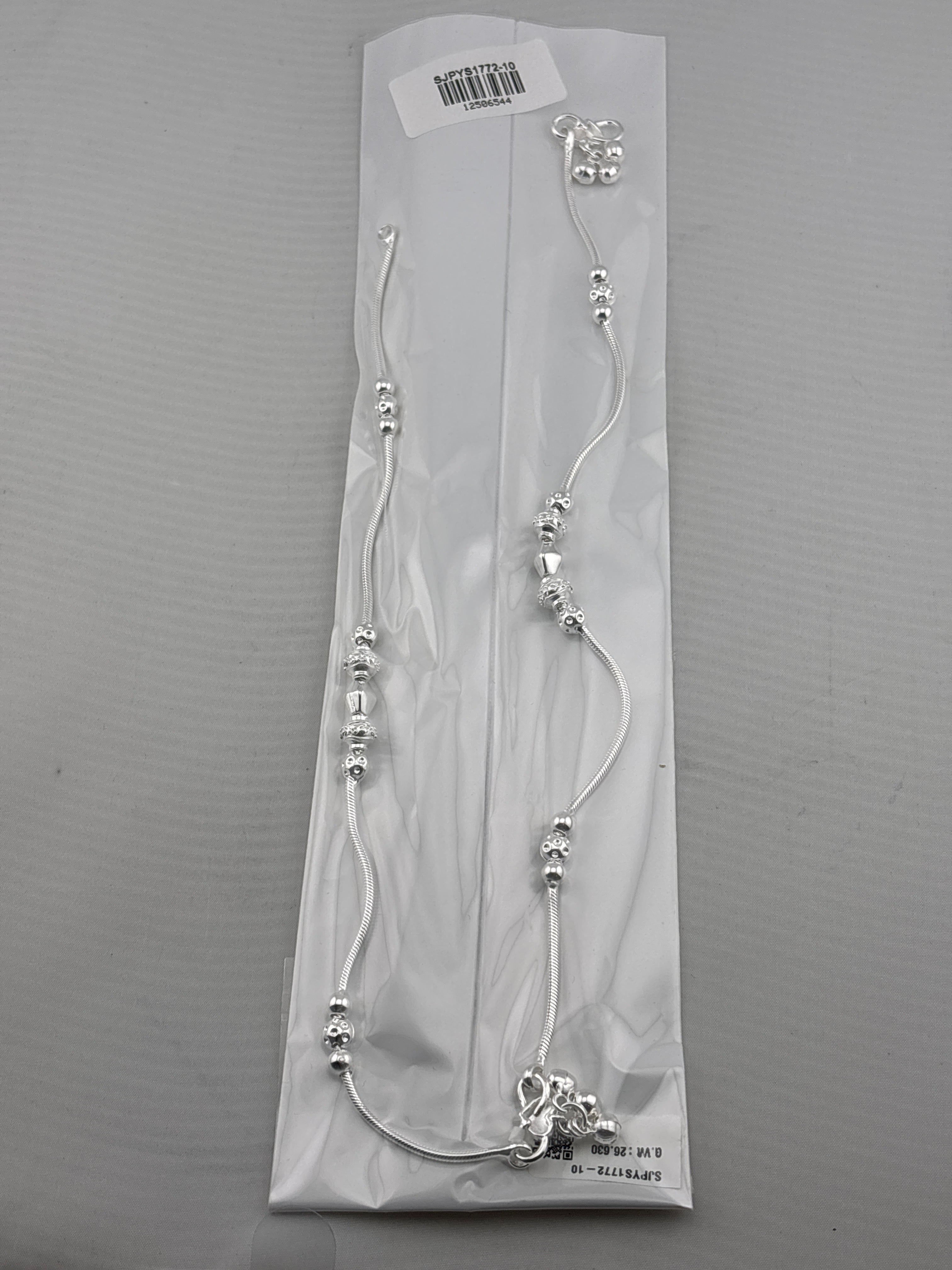 Beaded Snake Chain Silver Anklet – 925 – Adjustable – Weight:26g