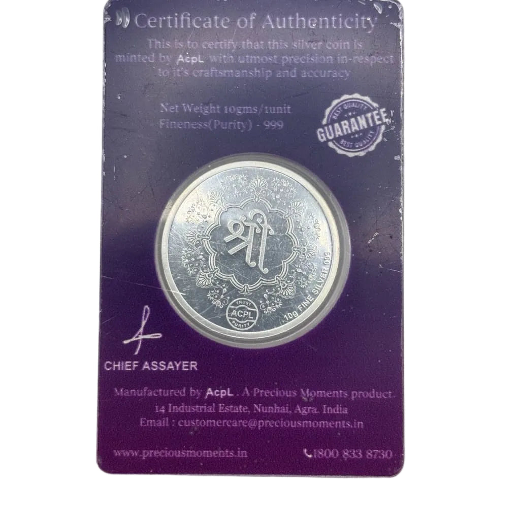 Shri reverse and certificate of 10g 999 fine silver Ashta Lakshmi coin