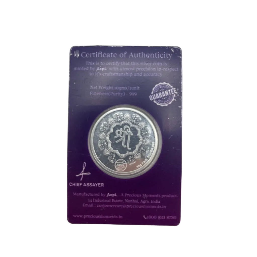 Full Shri reverse and certificate view of 10g 999 fine silver Ashta Lakshmi coin