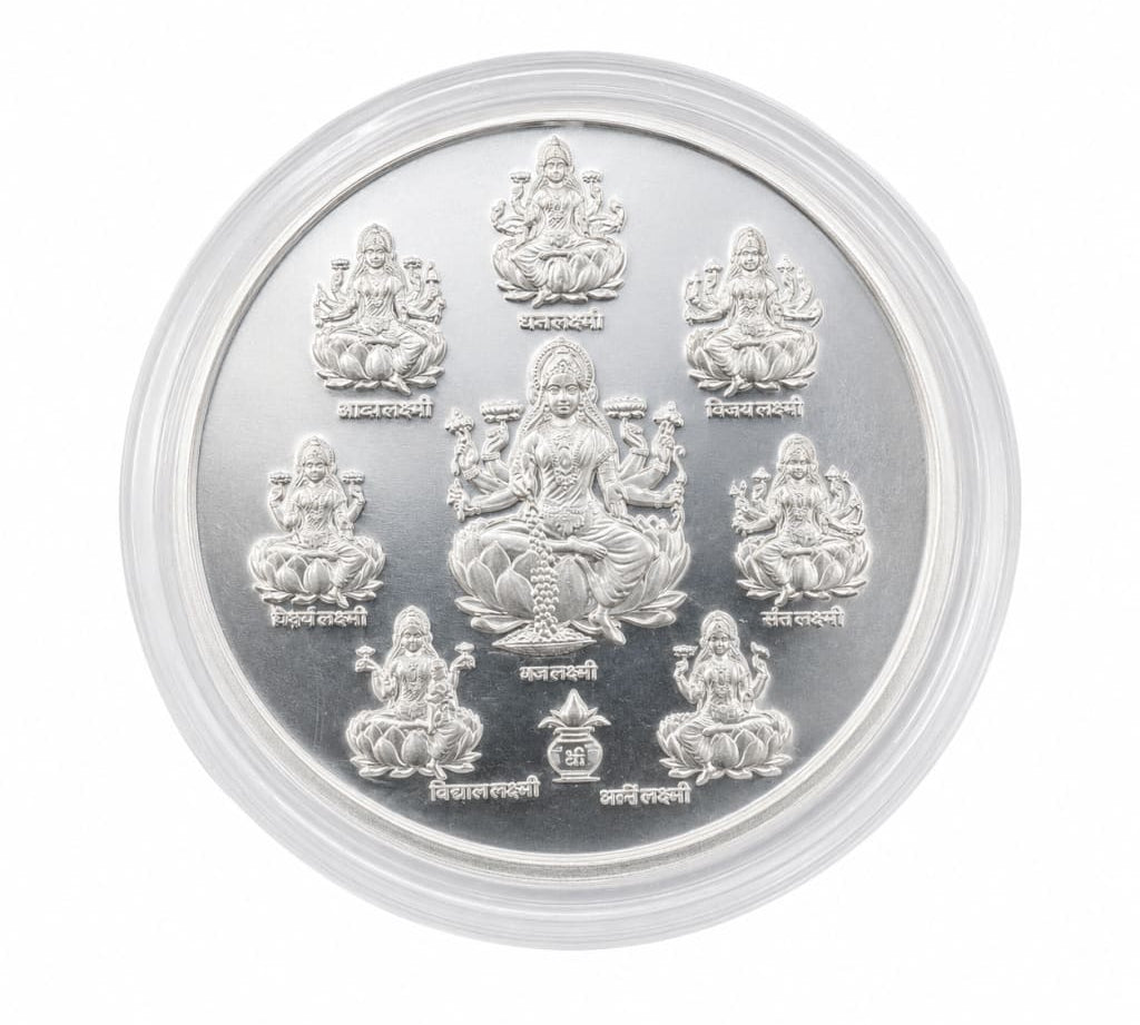 999 fine silver Ashta Lakshmi coin, 10 grams