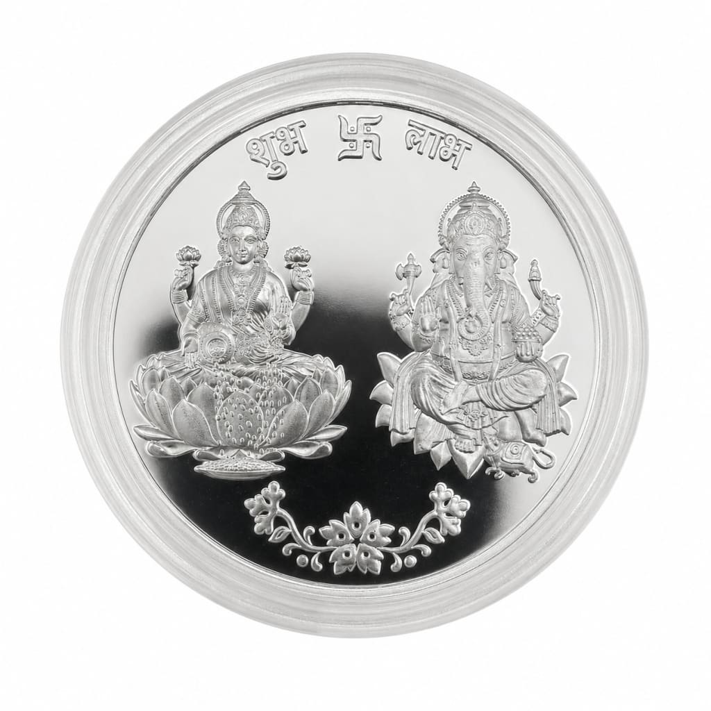 999 fine silver Lakshmi and Ganesha coin, 50 grams
