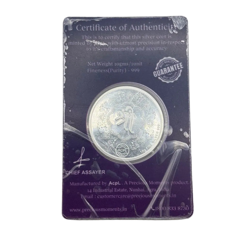 Shri reverse and certificate of 10g 999 fine silver devotional coin