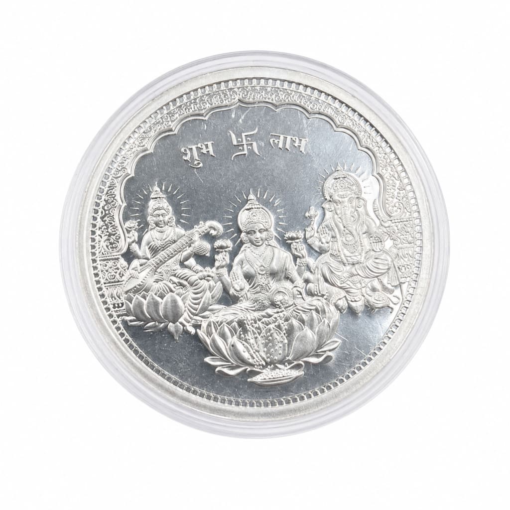 999 fine silver Saraswati Lakshmi and Ganesha coin, 10 grams