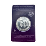 Certificate and reverse view of 10g 999 fine silver Tree of Life coin