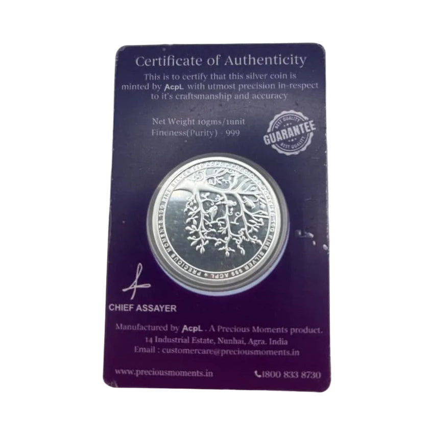 Certificate and reverse view of 10g 999 fine silver Tree of Life coin