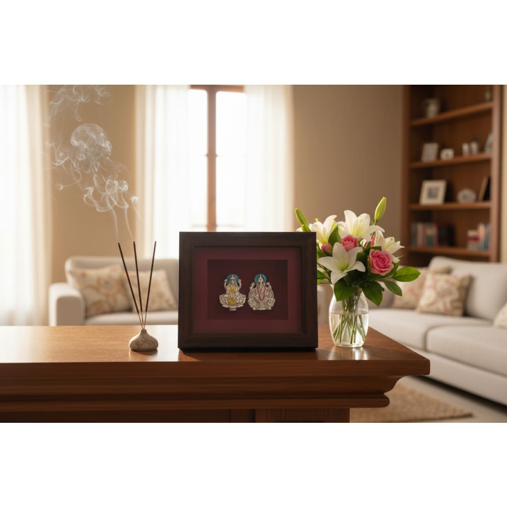 999 Pure Silver Ganesha & Lakshmi Photo Frame 10gm – Auspicious Frame silver idol