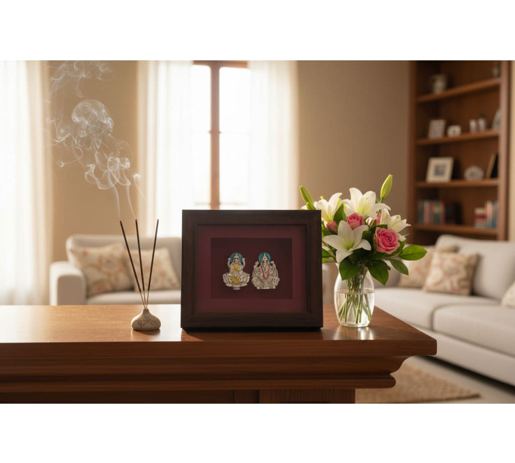 999 Pure Silver Ganesha & Lakshmi Photo Frame 10gm – Auspicious Frame silver idol
