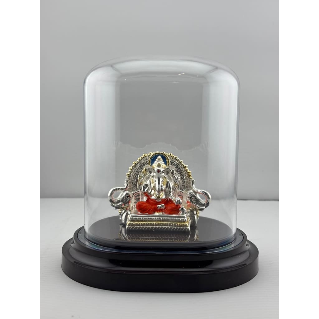 999 Pure Silver Ganesha on Sinhasan Idol in 32.15 gm Protective Acrylic Dome