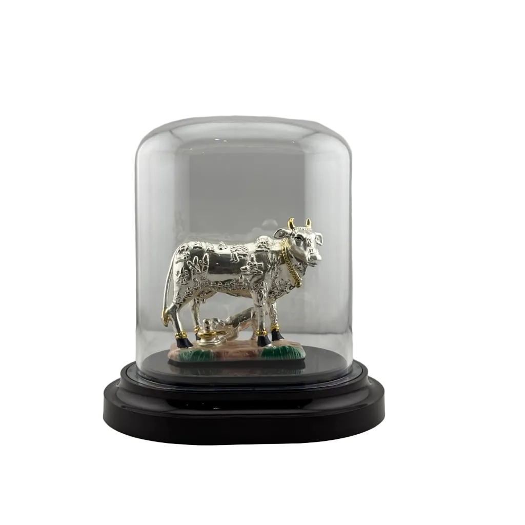 999 Pure Silver Kamadhenu Idol 39.73 gm in Protective Acrylic Dome – Sacred Wish-Fulfilling Cow Murti for Home Mandir