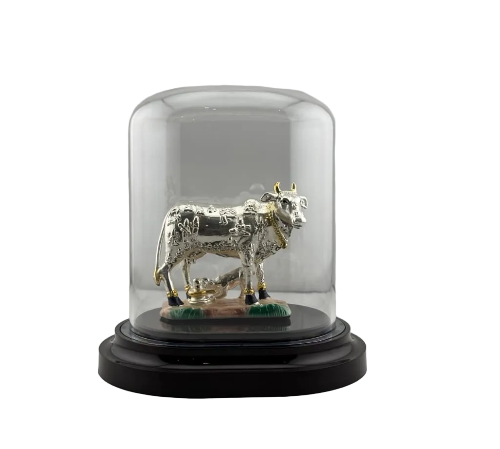 999 Pure Silver Kamadhenu Idol 39.73 gm in Protective Acrylic Dome – Sacred Wish-Fulfilling Cow Murti for Home Mandir