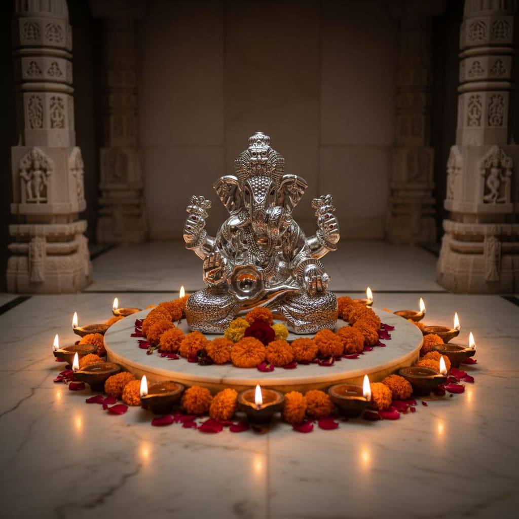999 Pure Silver Lord Ganesha Idol with Modak & Ornate Crown