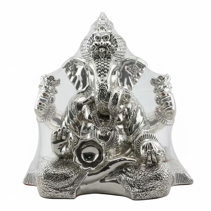 999 Pure Silver Lord Ganesha Idol with Modak & Ornate Crown – Ganpati Murti
