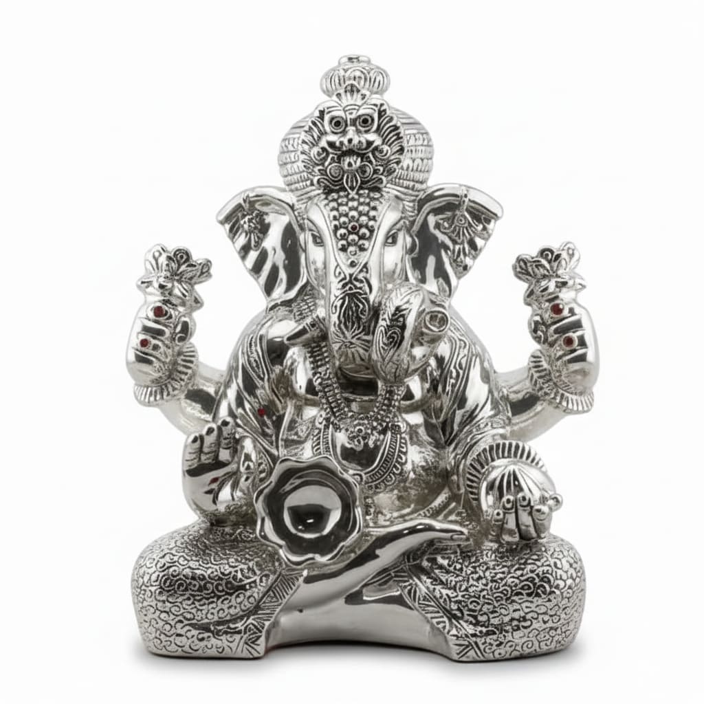 999 Pure Silver Lord Ganesha Idol with Modak & Ornate Crown