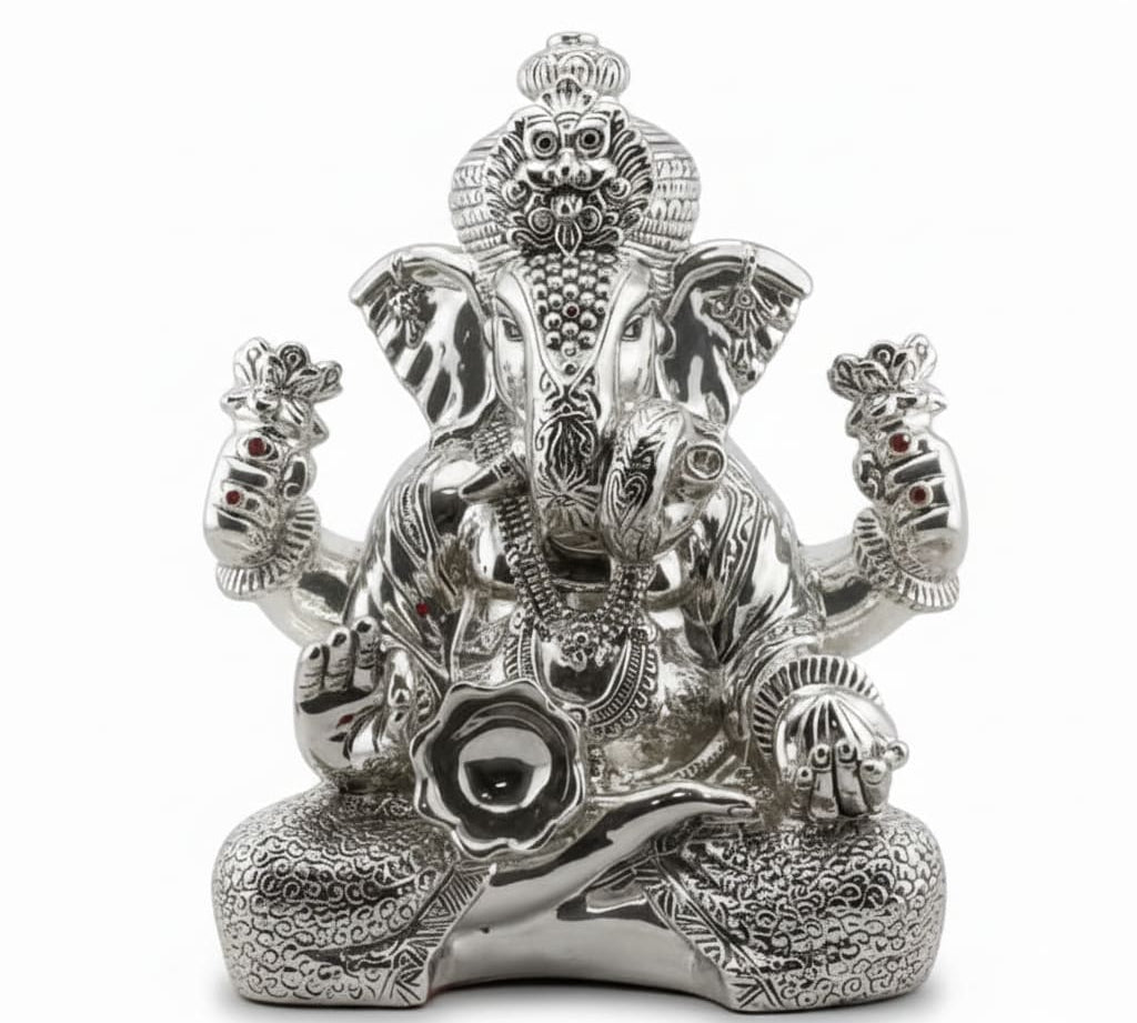 999 Pure Silver Lord Ganesha Idol with Modak & Ornate Crown