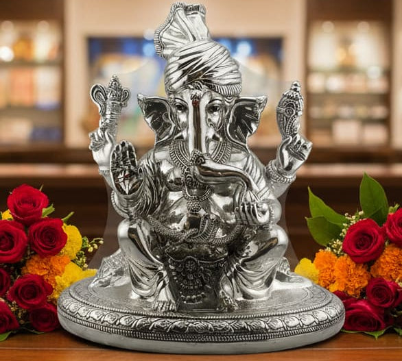 999 Pure Silver Lord Ganesha Idol with Turban Design – Ganpati Murti