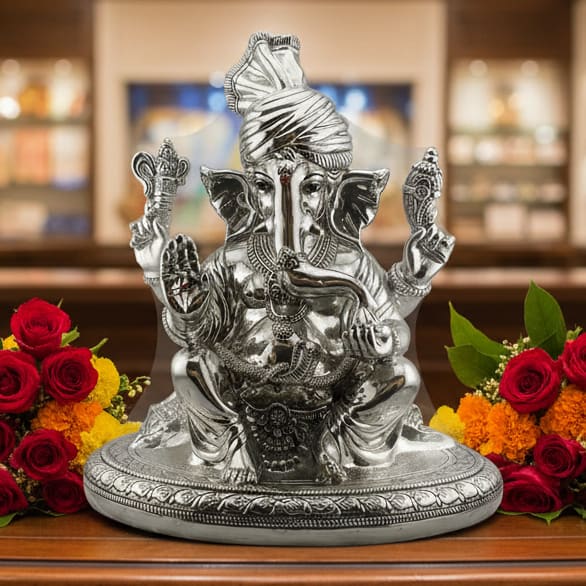 999 Pure Silver Lord Ganesha Idol with Turban Design – Ganpati Murti