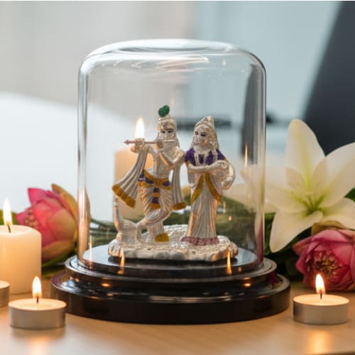 999 Pure Silver Radha Krishna Idol – Divine Couple Murti with Purple Details