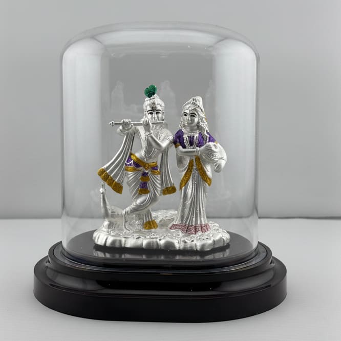 999 Pure Silver Radha Krishna Idol – Divine Couple Murti with Purple Details