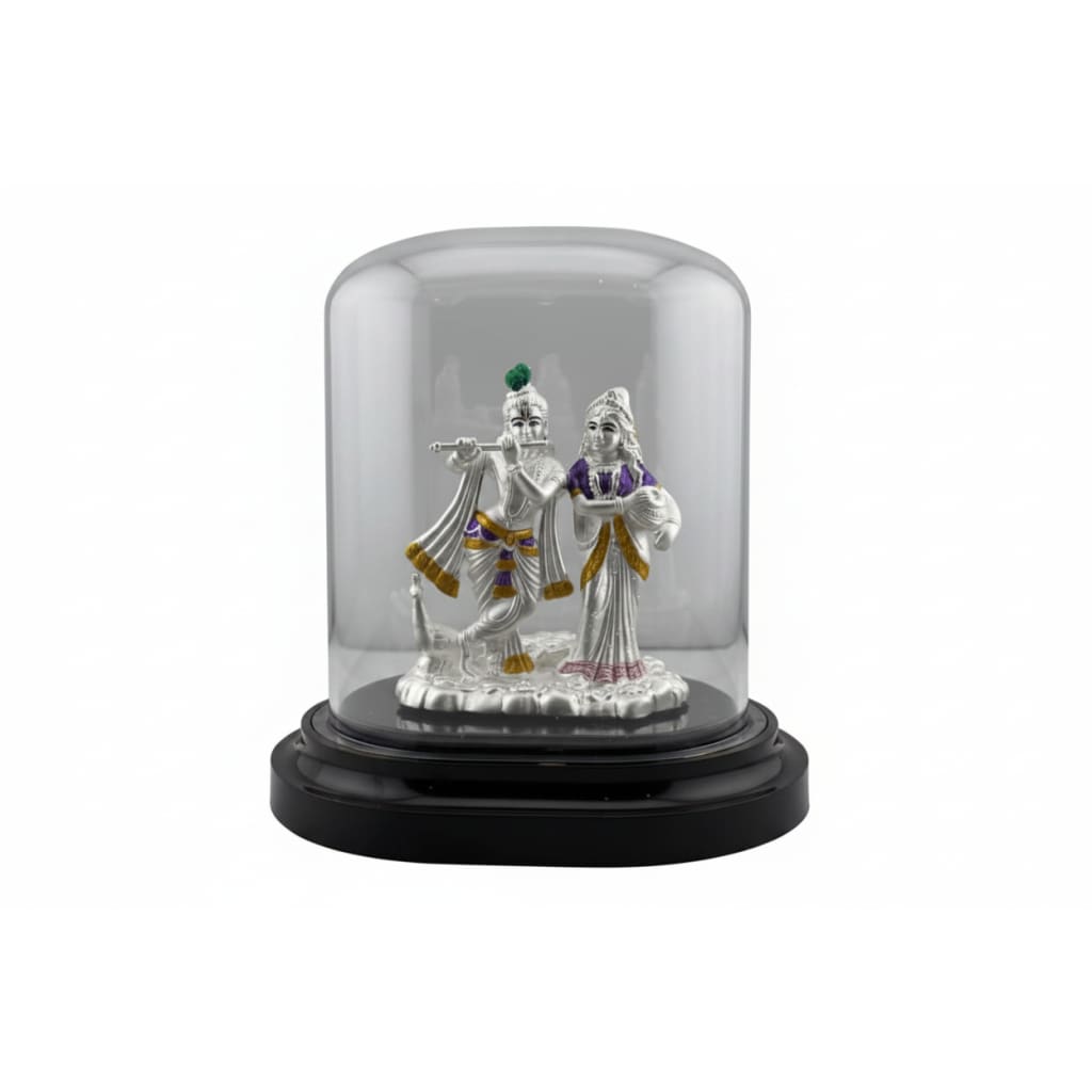 999 Pure Silver Radha Krishna Idol in Protective Acrylic