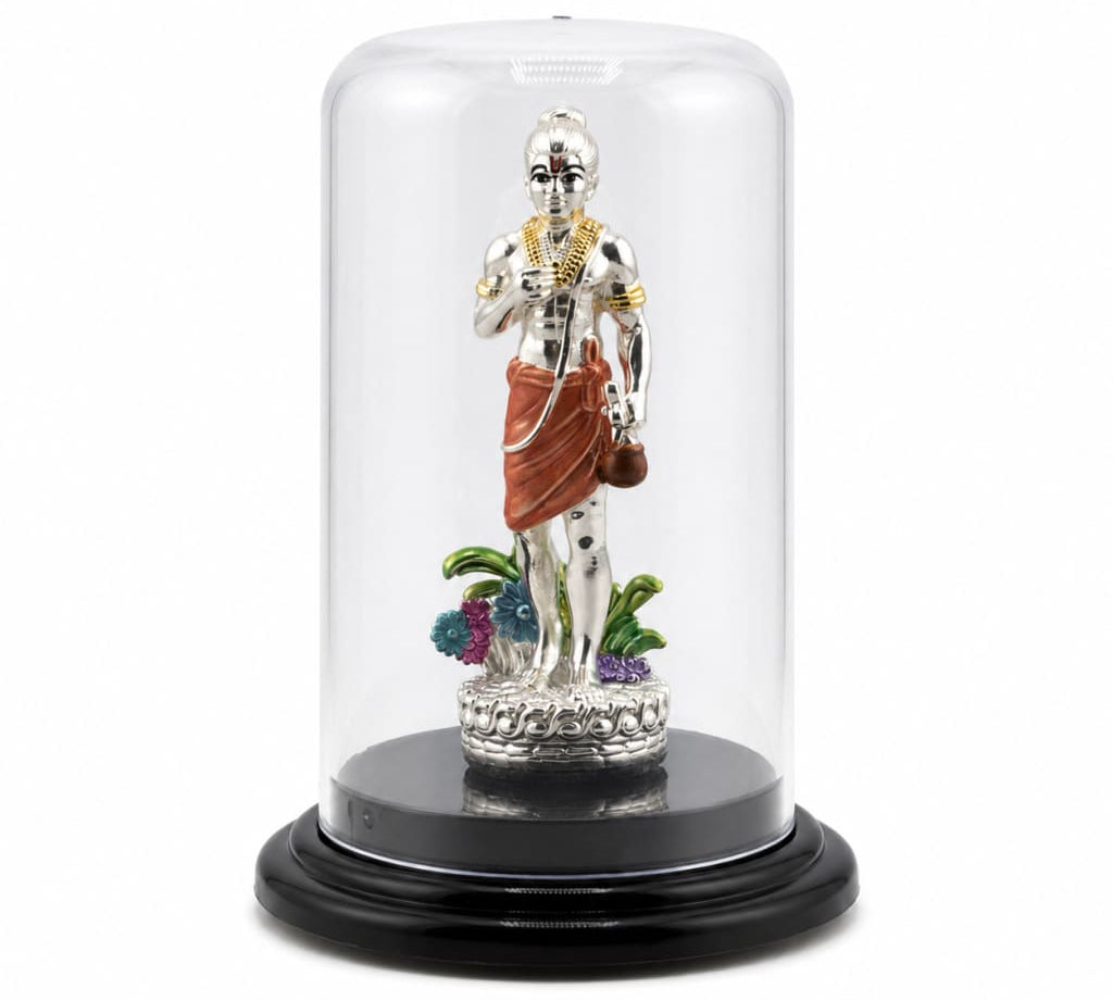 999 pure silver Swaminarayan idol in acrylic dome front view