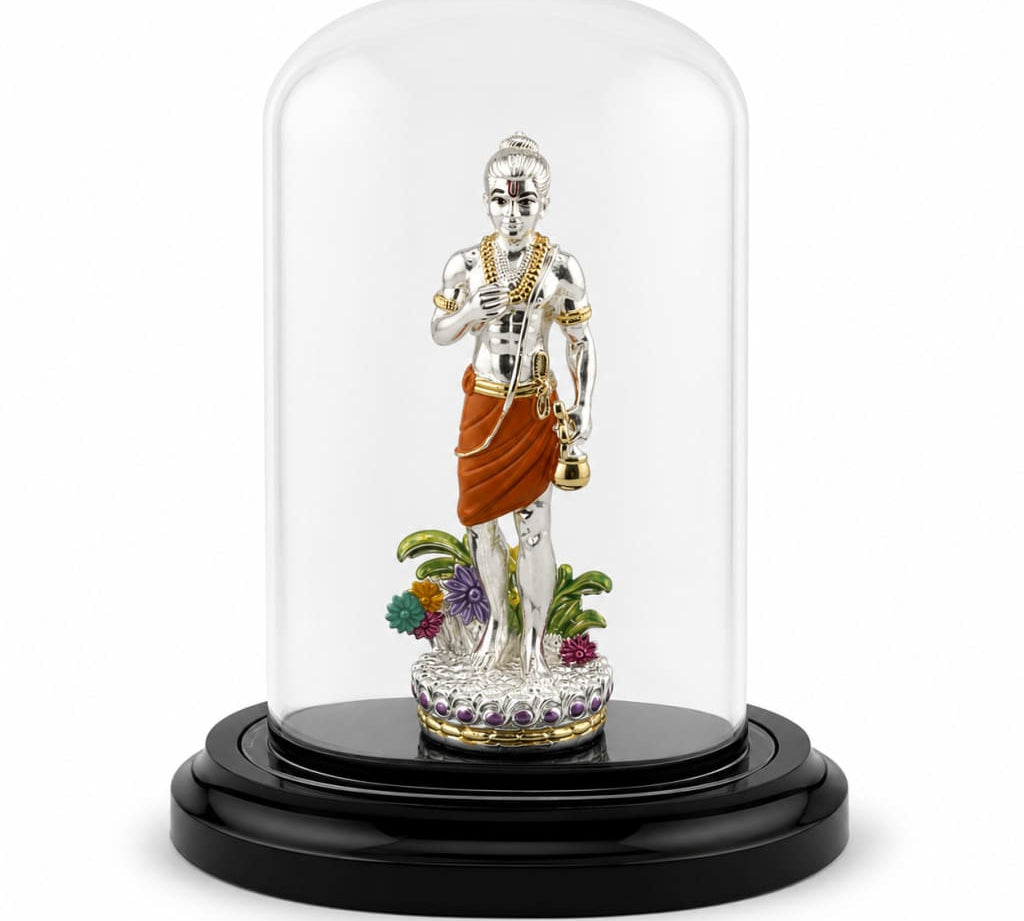 999 Pure Silver Swaminarayan Idol in protective acrylic dome
