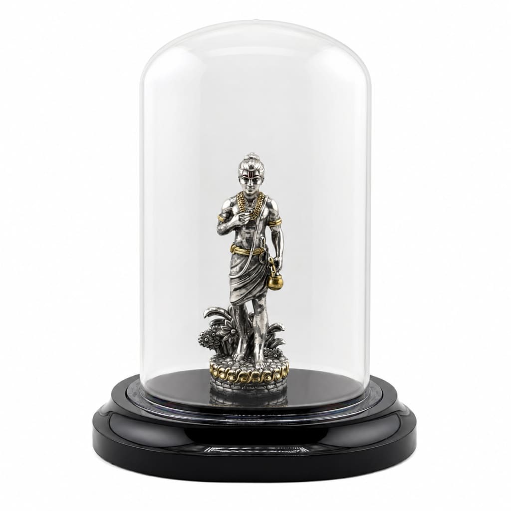999 Pure Silver Swaminarayan idol in acrylic dome front view