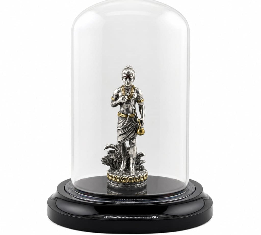 999 Pure Silver Swaminarayan idol in acrylic dome front view