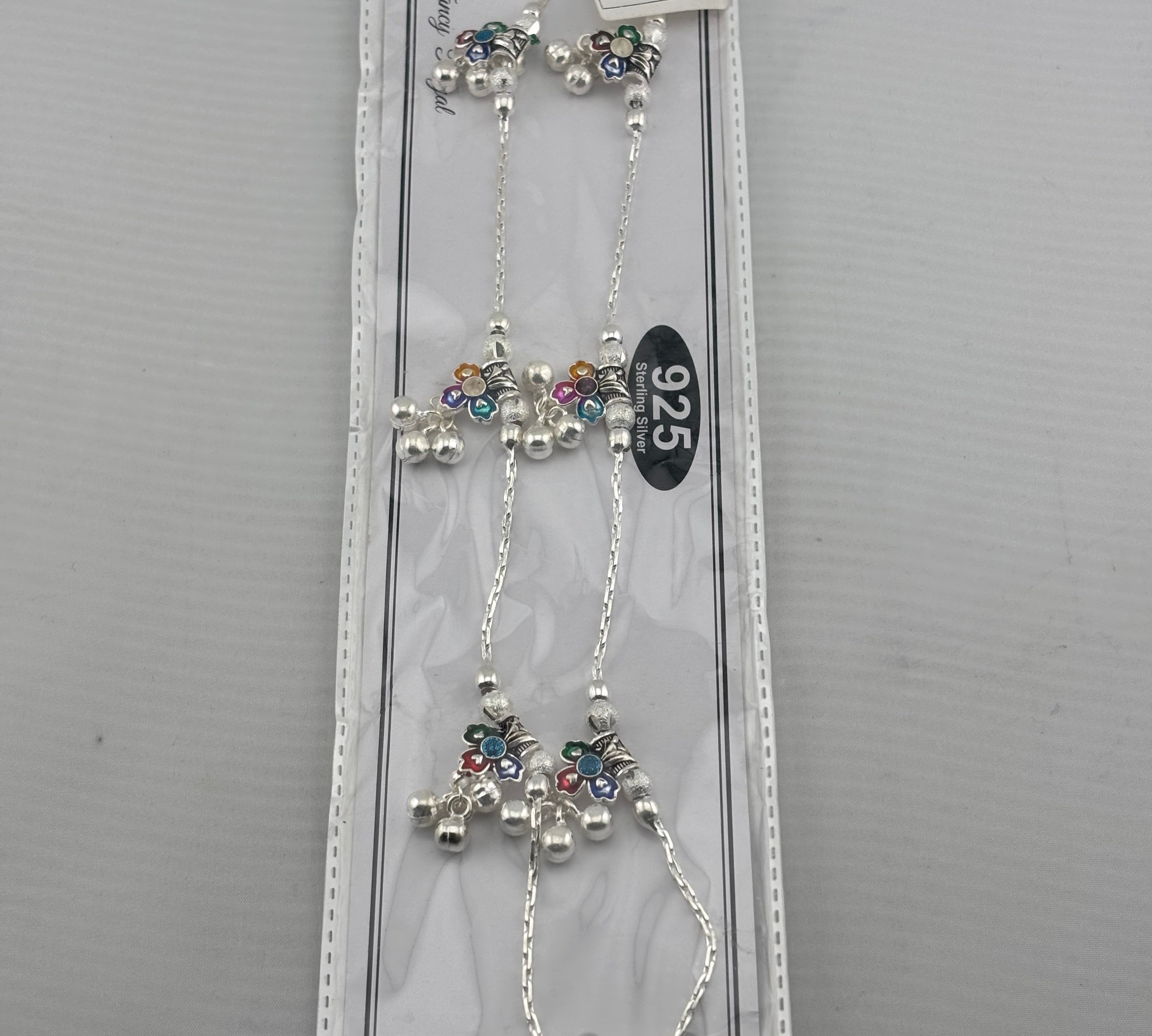 Multicolor Floral Ghungroo Silver Anklet – 925 Sterling Silver – Adjustable – 33.8 g