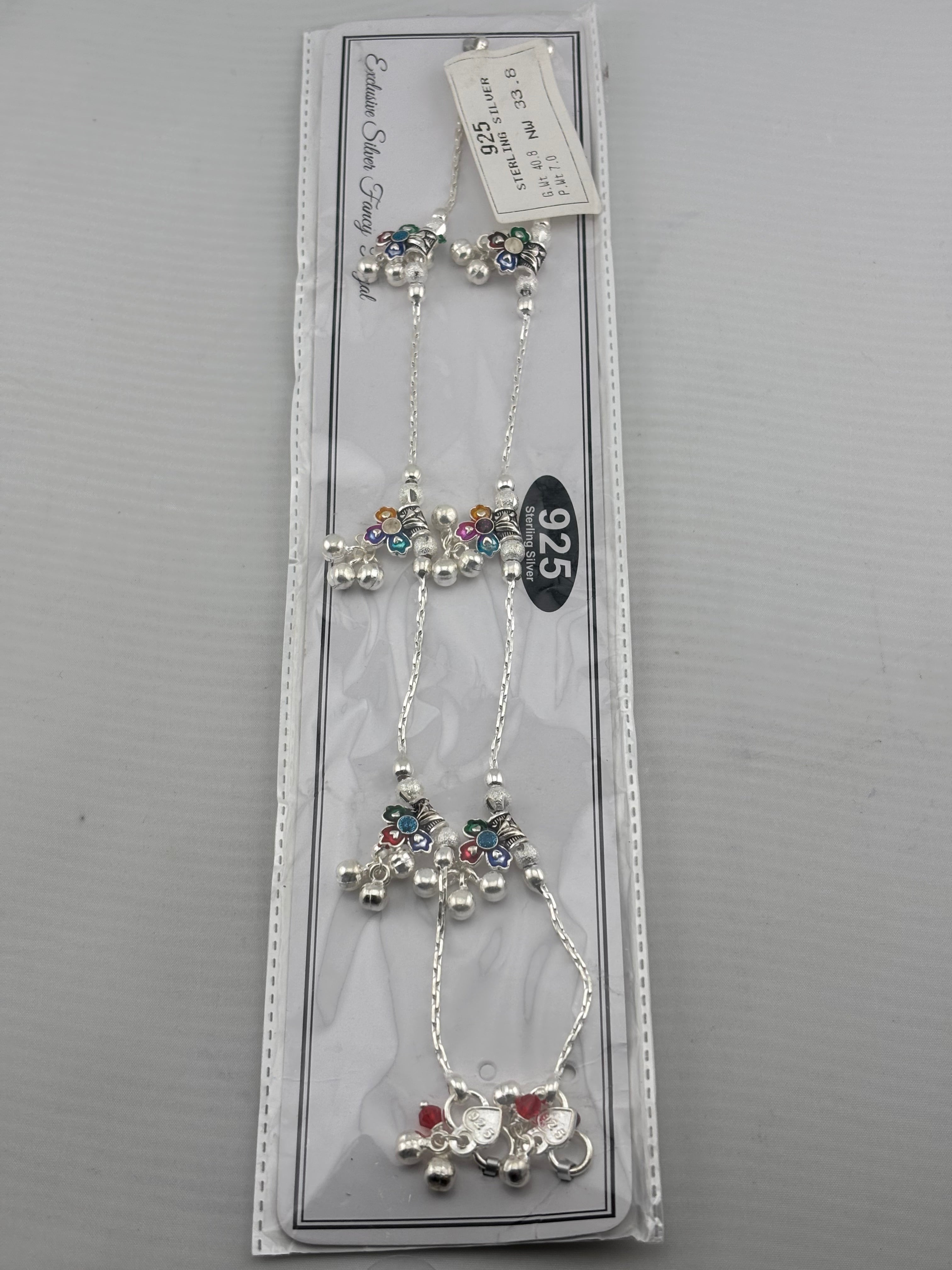 Multicolor Floral Ghungroo Silver Anklet – 925 Sterling Silver – Adjustable – 33.8 g