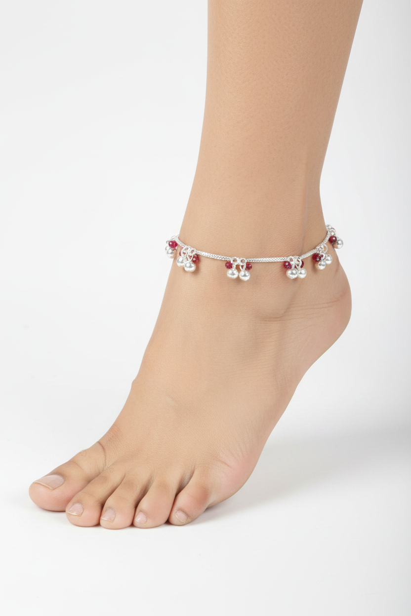Ruby Blossom Double Chain Silver Anklet – 99.9% Pure Silver – Weight:25g