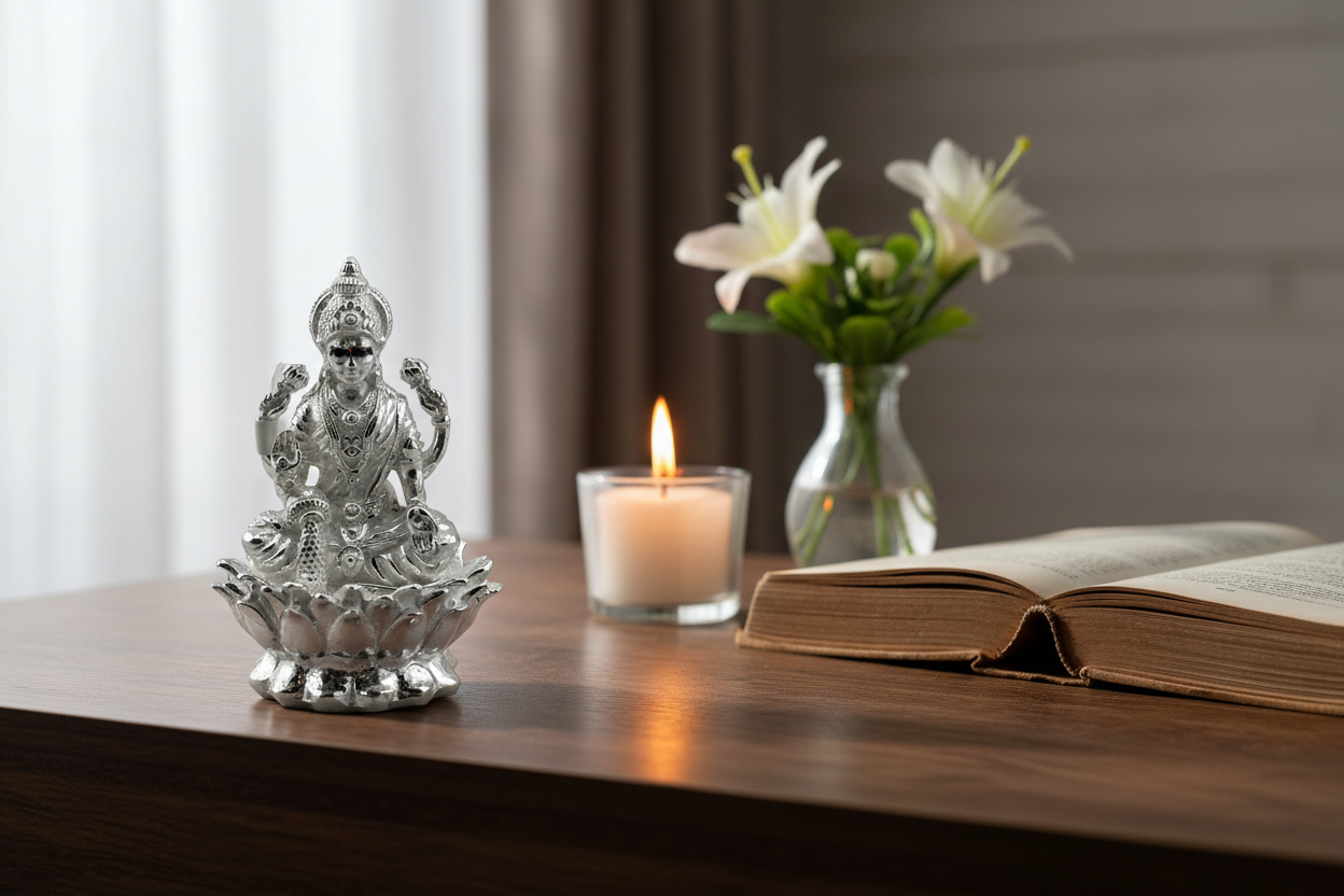 Silver Maa Lakshmi Idol 18gm – Spiritual Lakshmi Murti for Temple Decor & Festivals
