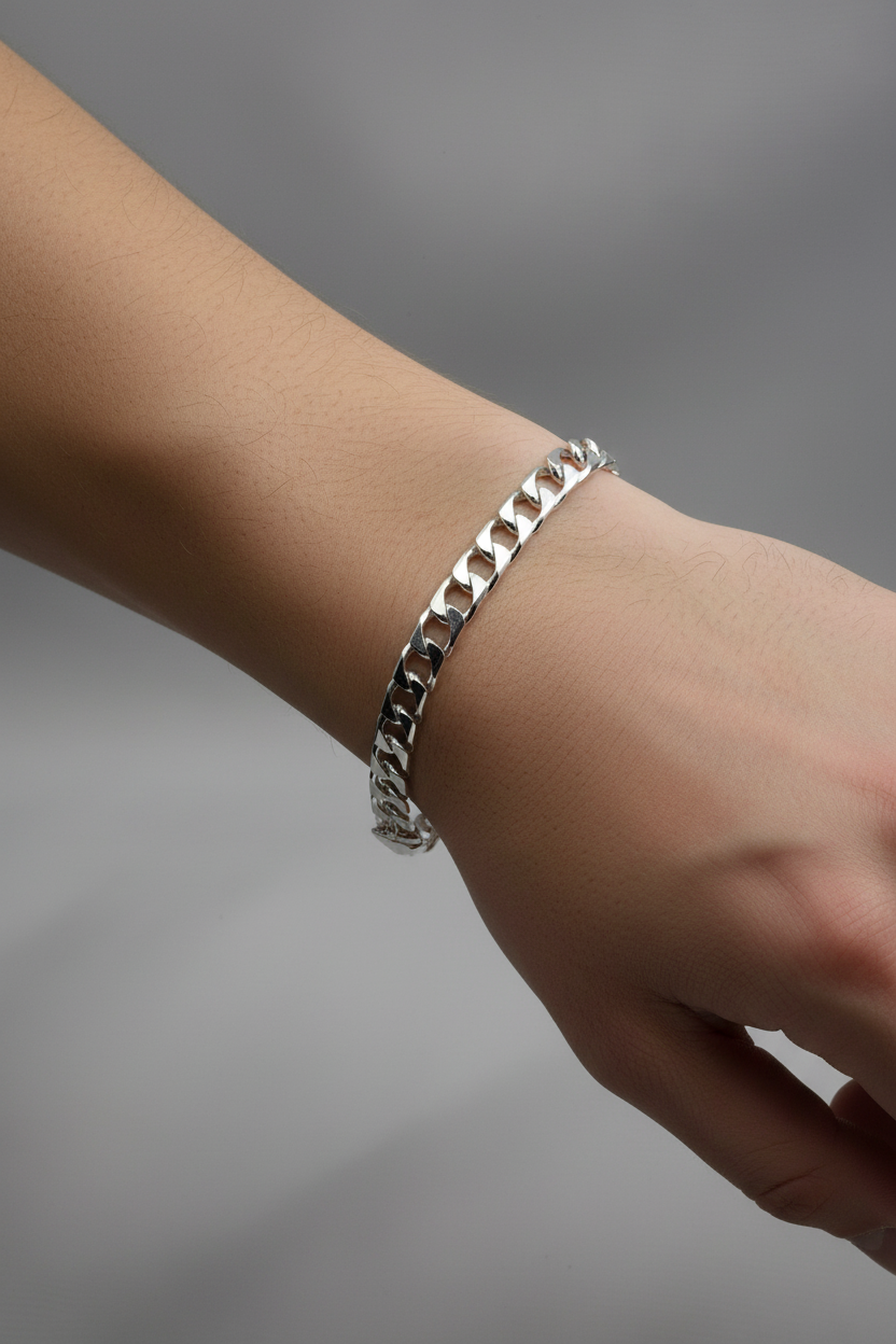 Silver Japanese Angular Curb Link Bracelet 925 – Angular Flat Chain