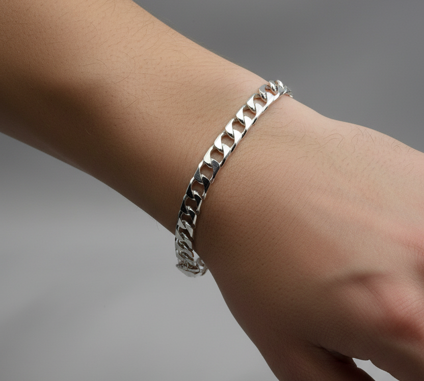 Silver Japanese Angular Curb Link Bracelet 925 – Angular Flat Chain