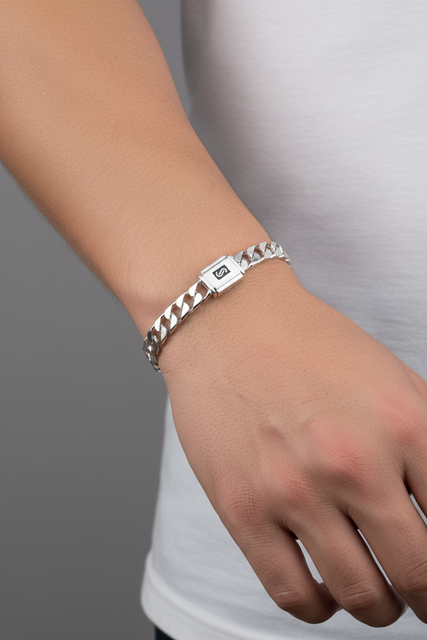Silver Japanese Angular Curb Link Bracelet 925 – Angular Flat Chain