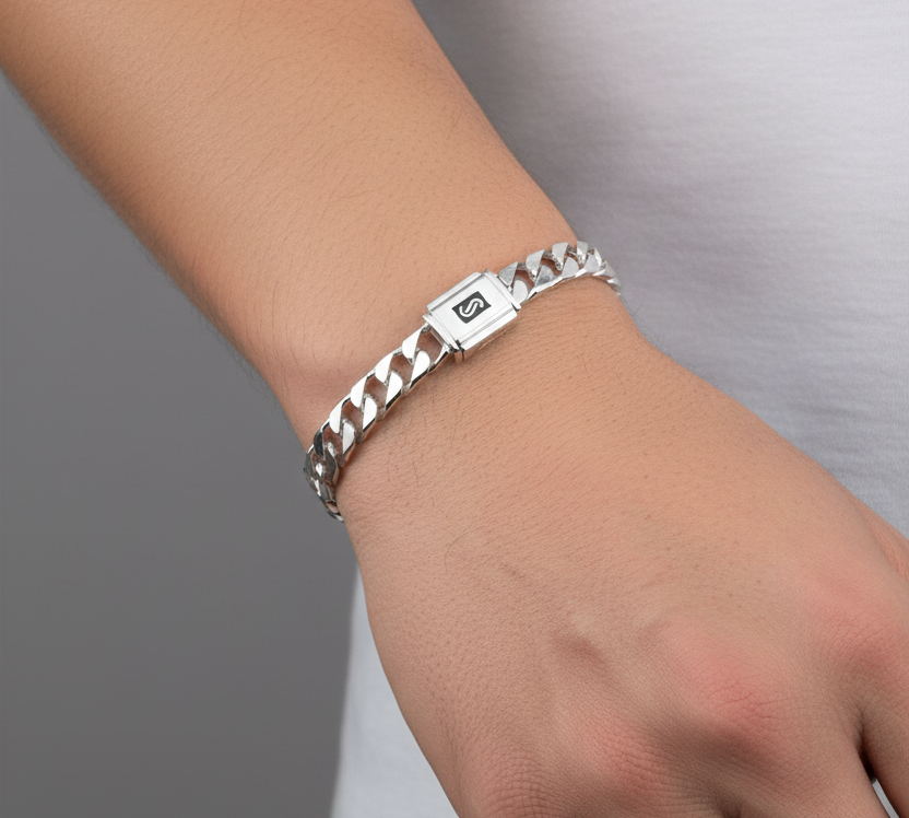 Silver Japanese Angular Curb Link Bracelet 925 – Angular Flat Chain