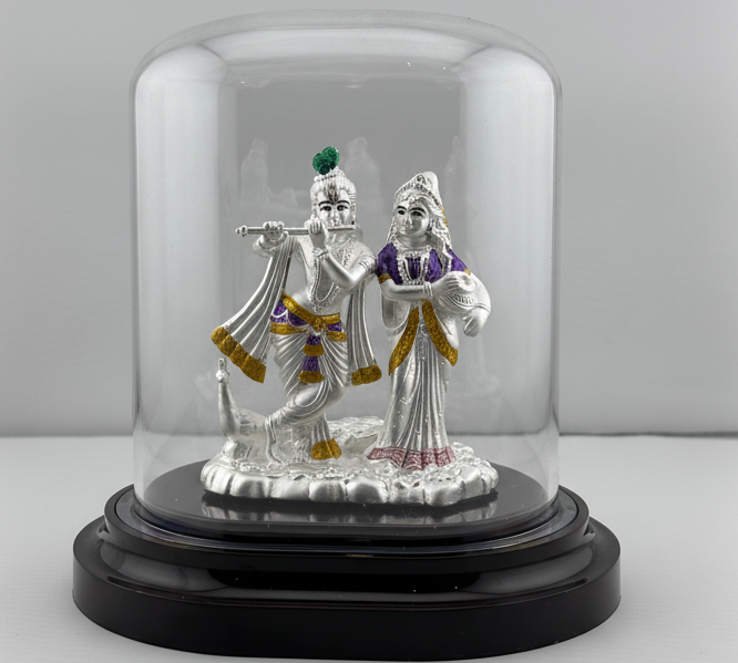 999 Pure Silver Radha Krishna Idol – Divine Couple Murti with Purple Details