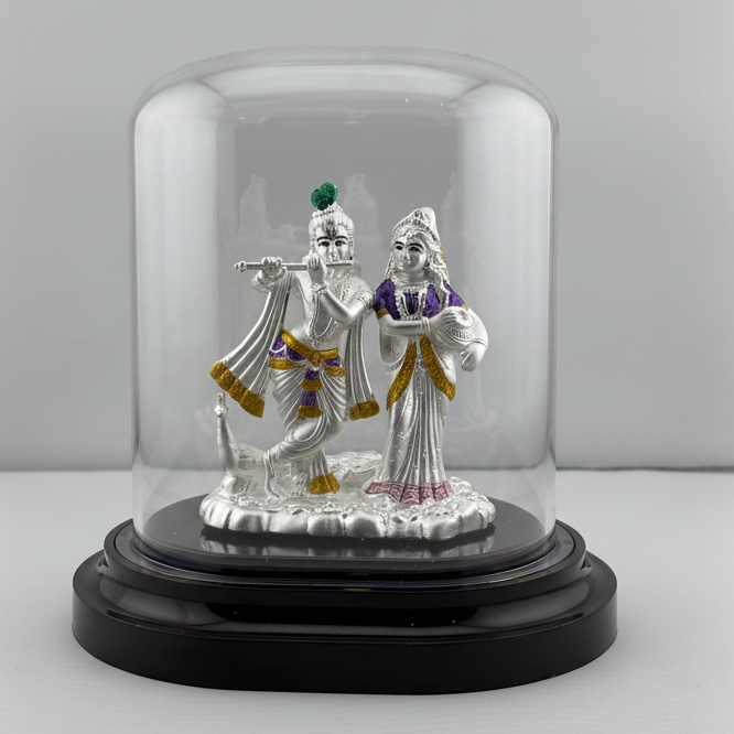 999 Pure Silver Radha Krishna Idol – Divine Couple Murti with Purple Details
