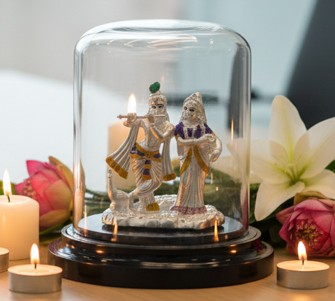 999 Pure Silver Radha Krishna Idol – Divine Couple Murti with Purple Details